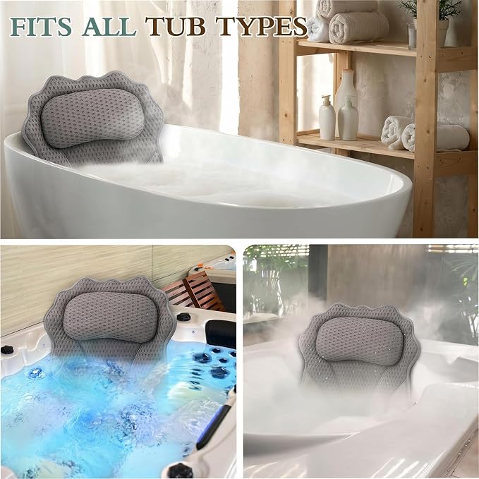 Bath Pillow RUVINCE Ergonomic Luxury Bathtub Pillow with Head,Neck, Shoulder and Back Support, 4D Bath Pillows for tub with 6 Powerful Suction Cups, Fits All Bathtub