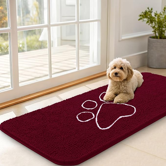 OLANLY Dog Door Mat for Muddy Paws 70x35, Paw Print Design, Absorbs Moisture and Dirt, Absorbent Non-Slip Washable Doormat, Quick Dry Chenille Mud Mat for Dogs, Entry Indoor Entryway Carpet, Burgundy