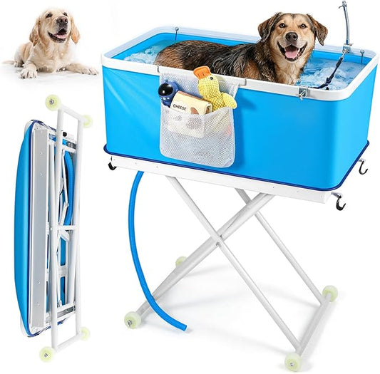 Foldable Dog Bathing Tub with Wheels, Adjustable Height 0-26.8" Pet Wash Station, Portable Dog Bath Tub for Large Dogs Up to 90lbs, with Drain & Storage Bag