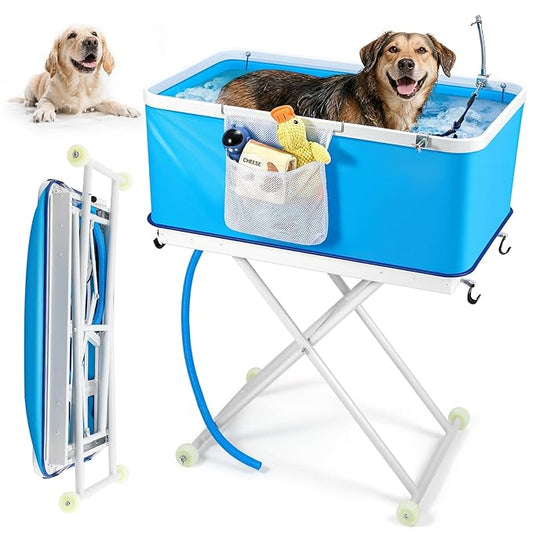 Foldable Dog Bathing Tub with Wheels, Adjustable Height 0-26.8" Pet Wash Station, Portable Dog Bath Tub for Large Dogs Up to 90lbs, with Drain & Storage Bag