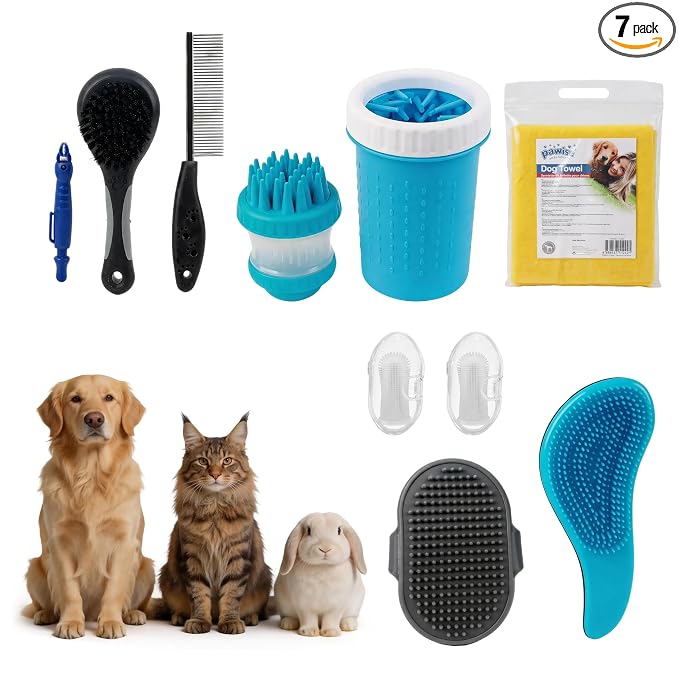 PAWISE Dog Grooming Kit 7-in-1, Dog Bath Brush Set with Pet Washer, Paw Washer, Soft Brush, Finger Brush, Tick Remover & Microfiber Towel - Pet Grooming Supplies for Dogs and Cats