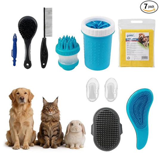 PAWISE Dog Grooming Kit 7-in-1, Dog Bath Brush Set with Pet Washer, Paw Washer, Soft Brush, Finger Brush, Tick Remover & Microfiber Towel - Pet Grooming Supplies for Dogs and Cats