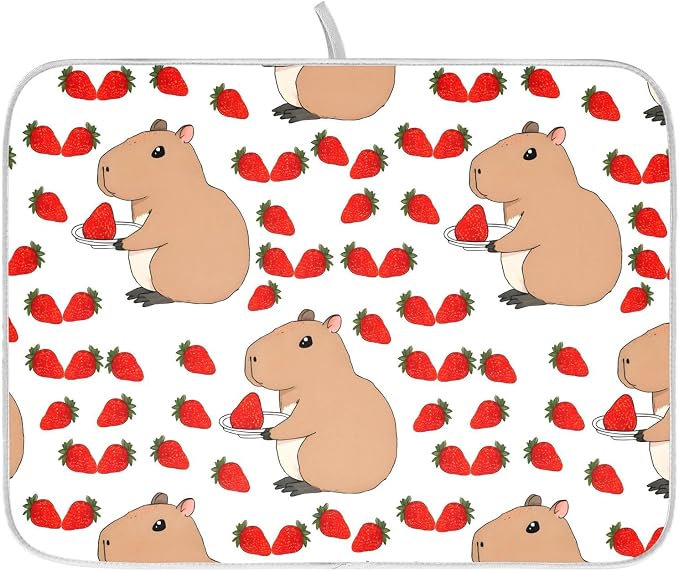 Cute Capybara Strawberry Dish Drying Mat, Absorbent Drainer Mats for Kitchen Counter Coffee Maker 24"x18"
