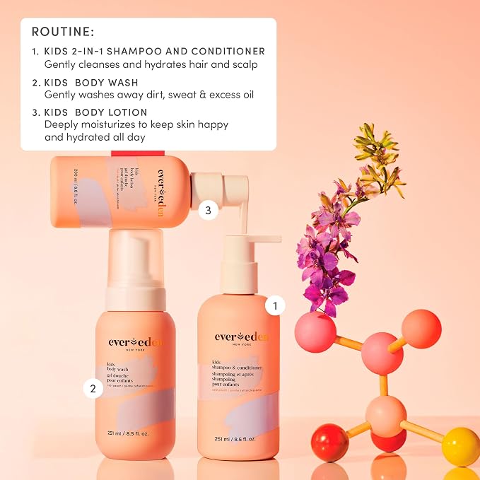 Evereden Kids Shampoo and Conditioner 2 in 1 and Kids Body Wash set | Gentle and Clean Skin Care | Non-toxic Ingredients | Cool Peach scent