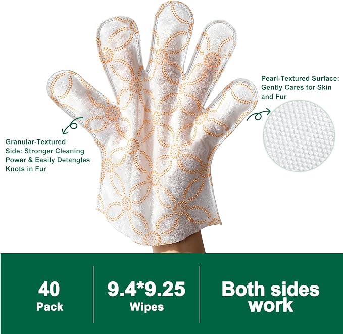 Arme Pet Bath Gloves Wipes for Dogs&Cats Cleaning Glove for Dry Bath,40 Pcs | 9.4"x9.25", 4-in-1 Double-Sided, Coconut Oil&Aloe,No-Rinse, Hypoallergenic, Thickened, Deodorizing, Daily Grooming&Travel