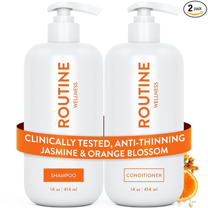 Routine Wellness Shampoo & Conditioner Set - Jasmine & Orange Blossom | Clinically tested shampoo for thinning hair with biotin, pea peptides, saw palmetto oil, color safe, sulfate free