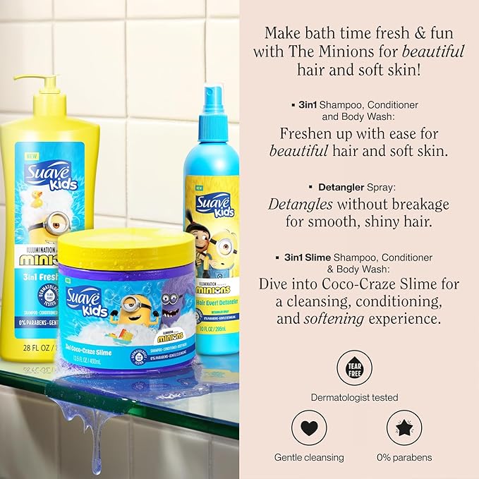 Suave Kids Minions Hair Products Bundle – 3-in-1 Coco-Craze Slime & Fun Fresh Shampoo, Conditioner & Body Wash + Detangler Spray, 28 Oz Ea (3 Piece Set)