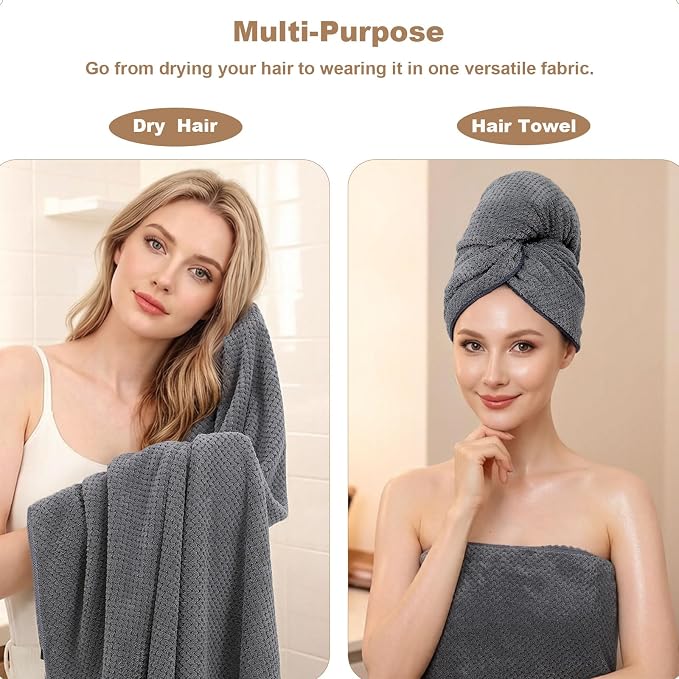 2 Pack Bath Towel Set, Waffle Bath Towel Set, Microfiber Super Soft Highly Absorbent, Sturdy Quick Drying Towels for Bathroom, Gym, Sports, Yoga (2 Piece 27" x 55", 2Grey)