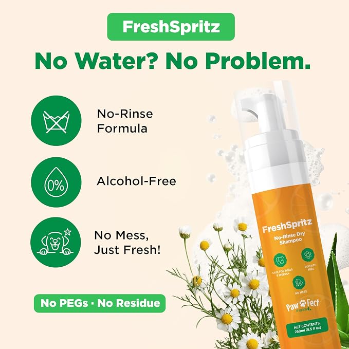 FreshSpritz Waterless Foaming Pet Shampoo with Aloe, No-Rinse Wash for Dogs, Cats & Small Pets - for Odor & Dander, Non-Sticky, Plant-Based Scent, Fast-Drying Grooming Foam - 250ml 8.5 fl oz