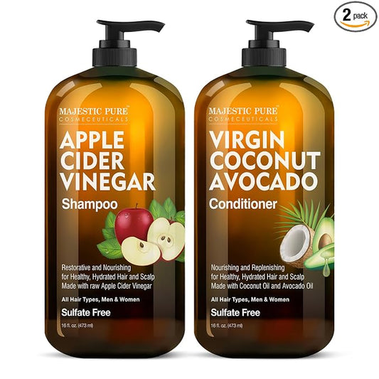 MAJESTIC PURE Apple Cider Vinegar Shampoo and Avocado Coconut Conditioner Set - Restores Shine & Reduces Itchy Scalp, Dandruff & Frizz - Sulfate Free, for All Hair Types, Men and Women - 2 x 16 fl oz