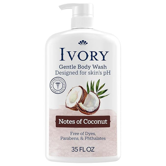 Ivory Body Wash, Designed for the Whole Family, Gentle Formula, Free of Dyes Heavy Perfumes Parabens Phthalates & Silicones, Coconut Scent, 35 oz