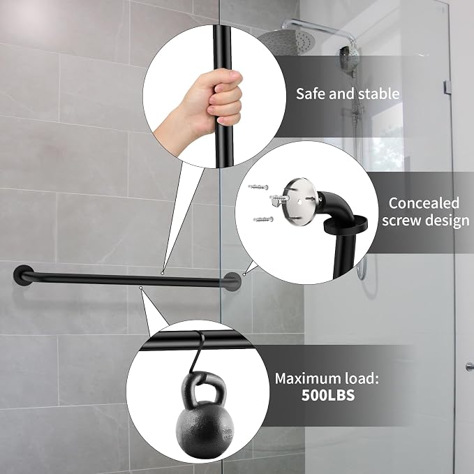 32 Inch Shower Grab Bar, ZUEXT SUS304 Stainless Steel Black Bathroom Grab Bar Handle, Shower Balance Bar, Safety Hand Rail Support, Handicap Elderly Senior Assist Bath Handle (1.25" Diameter)