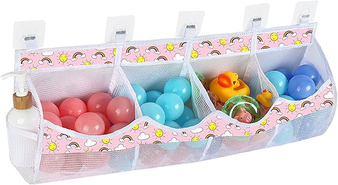 Large Bath Toy Storage, 4 Compartment Quick Drying Mesh Bath Toy Organizer with 5 Hooks, Easy Access and Sorting Large Capacity Corner Bathroom Storage, Multi Use Holder (Rainbow)