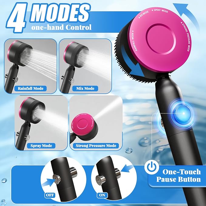 Filtered Handheld Shower Head, High Pressure Power Showerhead with 5 Filters & 59" Flexible Hose, 360° Rotating Adjustable Shower Head with Wall Holder & ON/Off Switch for Hair & Skin, Black
