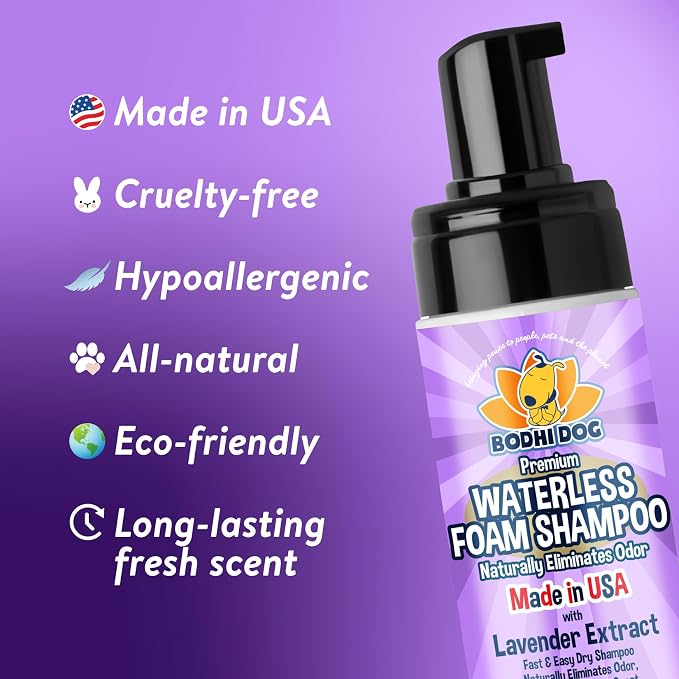 Bodhi Dog Waterless Foam Shampoo - Natural No Rinse Dry Shampoo for Dogs & Cats - Neutralizes Pet Odor - Gentle, Safe for Sensitive Skin - Made in USA - Lavender (8 Fl Oz)