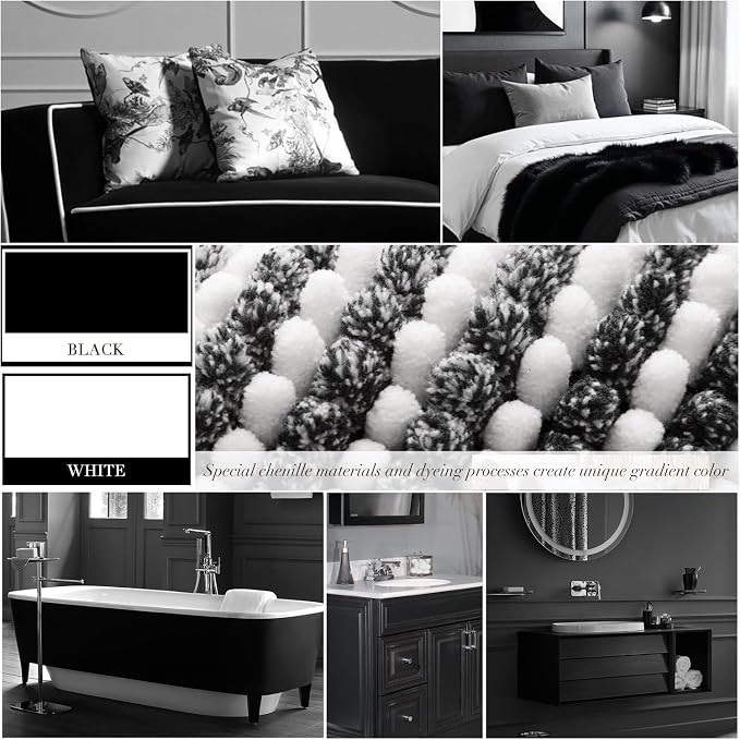 BSICPRO Bathroom Rugs and Mats Sets, 2 Piece Thick Absorbent Chenille Bath Mat Rug Set Non Slip, Soft Shaggy Bath Room Floor Mats for Bathroom, Machine Washable (20" x 47" Plus 16" x 24", Black)