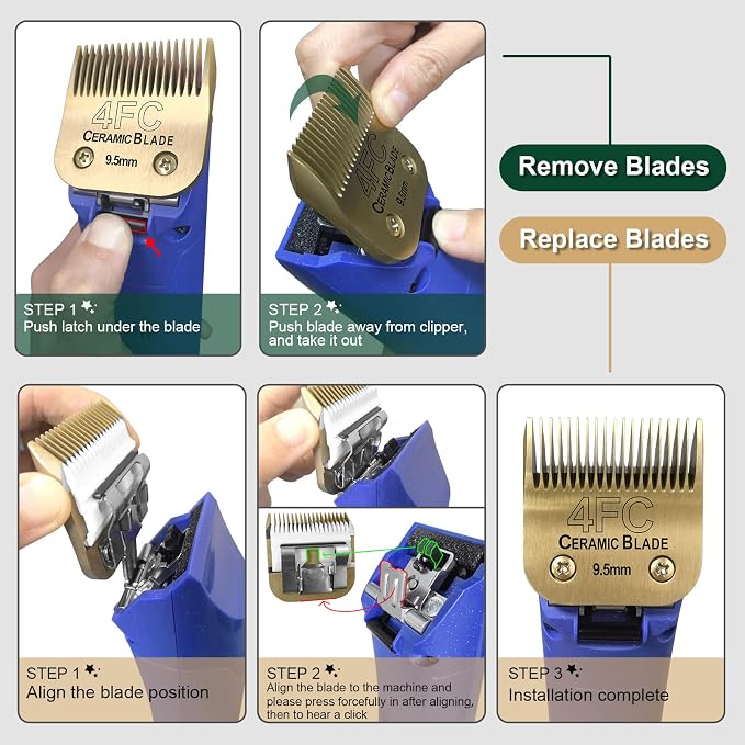 Gold Detachable Dog Blades Set Compatible with Andis/Oster A5 Grooming | Compatible with wahl km10 dog clipper,Made of Ceramic Blade & Stainless Steel Blade,Include 10+30+40+7FC+5FC+4FC+3FC ,7 Pack