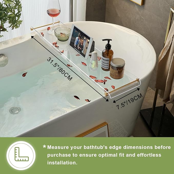 Bathtub Tray Clear Caddy Rack Acrylic Tub Tray Shelf with Gold Rails 31.5 inches Bathroom Accessories Rack Suitable for All Bathtubs.