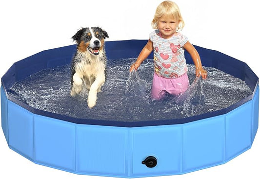 CACSPS 48" x 12" Foldable Dog Pool - Collapsible Hard Plastic Kiddie Pool for Dogs & Kids, Non-Slip Pet Bath Tub for Outdoor Backyard Use, Lightweight & Portable (Blue)