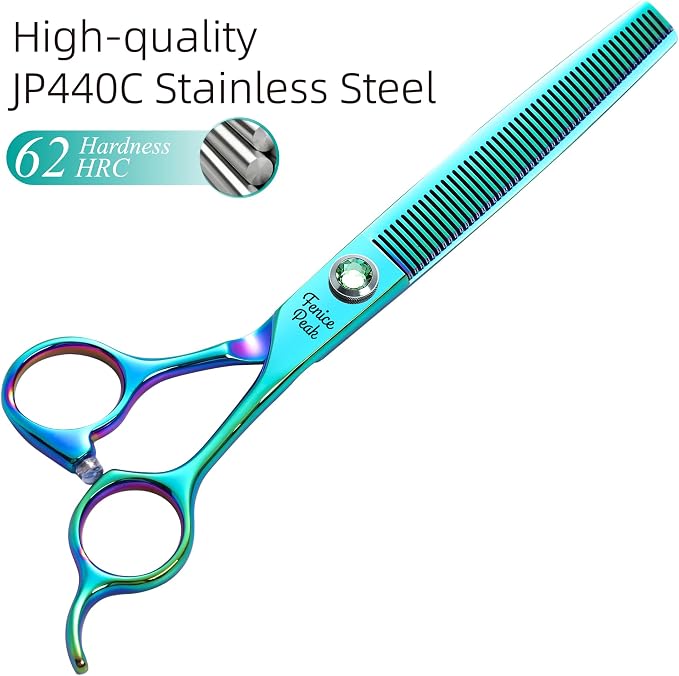 7'' Green Thinning Dog Grooming Scissors Pet Shears with Ergonomic Offest Handle and Simulated Emerald Screw 440C Grooming Scissors Trimming Shears Durable and Sharp