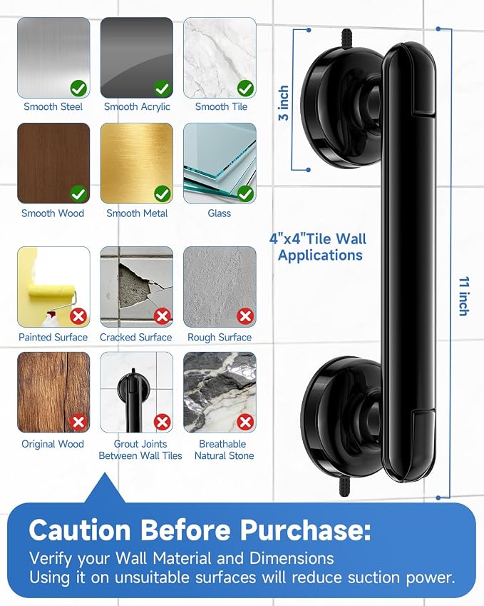 Suction Shower Handle, 2 Pack Grab Bars for Shower and Bathroom, Removable Safety Grip No Drilling & Waterproof, Heavy Duty Suction Cup Bath Handrails Grab Bars for Bathtubs, 11 inch - Black