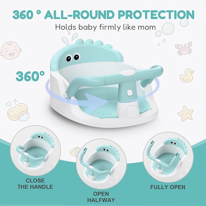 Baby Bath Seat for Babies 6 Months & Up Sitting Up | 360° Stable Toddler Bath Chair with One-Touch Button | Baby Bath Tub Seat with Suction Cups | Open Design, Compact, Detachable, Non-Slip(Green)