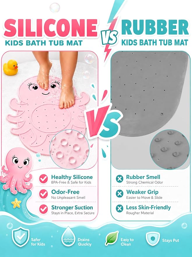 Kids Bathtub Mat Non Slip, Soft Silicone Octopus Baby Bath Mat for Tub, Toddler Bath Mat with Large Suction Cups, Washable Anti Slip Shower Mat for Children, Smooth Tub Surface Only