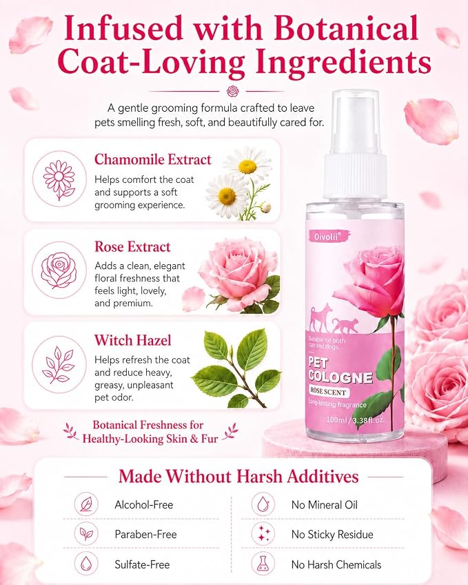 Pet Cologne for Dogs & Cats, Soft Rose Deodorizing Spray, Long-Lasting Fresh Scent, Non-Sticky Coat Conditioning & Odor Control Formula | Travel-Friendly, 3.38 fl oz