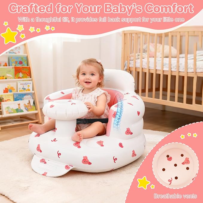 BEBOAN Inflatable Baby Seat with Tray for 3 Months Up Baby, Portable Upseat Baby Chair with Safety Strap for Sitting Up, Foldable Blow Up Infant Seat with Built-in Air Pump (Pink Bunny)