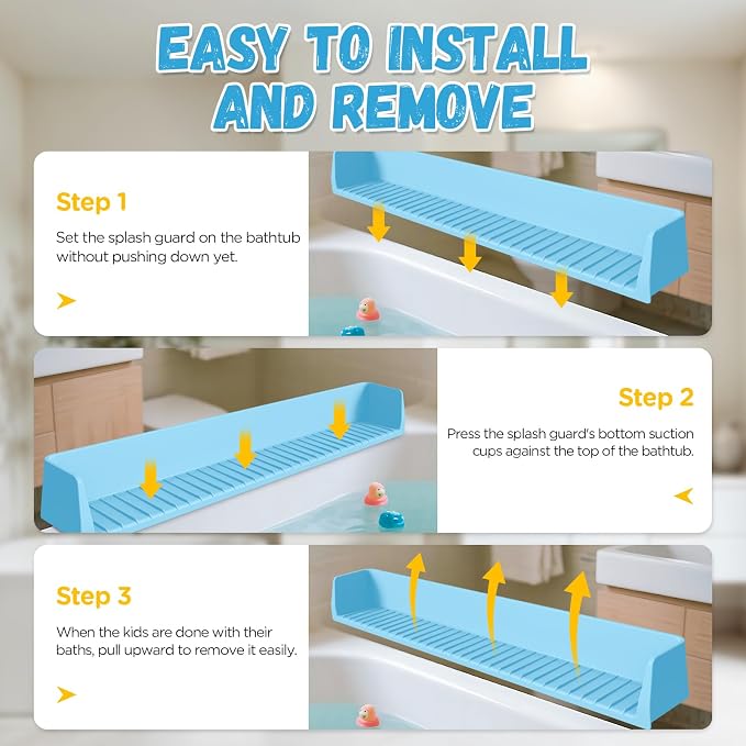 Splash Guard for Bathtub Kids - Silicone Bathtub Splash Guard with 11 Suction Cups, Bath Tub Play Shelf for Kids & Toy Holder, Prevent Water Spill in Bathroom, Fun Bath Time for Toddlers Baby, Blue