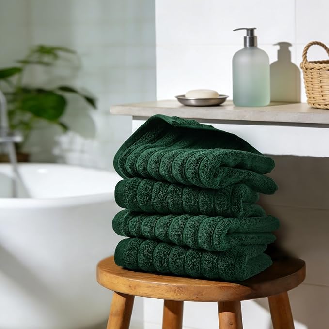 Jacquotha 4-Pack Hand Towels (Forest Green) Ribbed – Kitchen & Bathroom Premium Cotton Towels 13” x 29”, Soft and Quick Drying 480 GSM