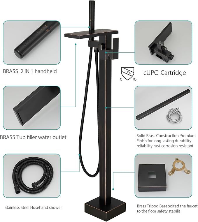 Hoimpro Tub Filler Freestanding Bathtub Faucet Oil Rubber Bronzed Floor Mount Tub Faucet Waterfall Free Standing Bathtub Filler High Flow Brass Bath Shower Faucets with Handheld Sprayer