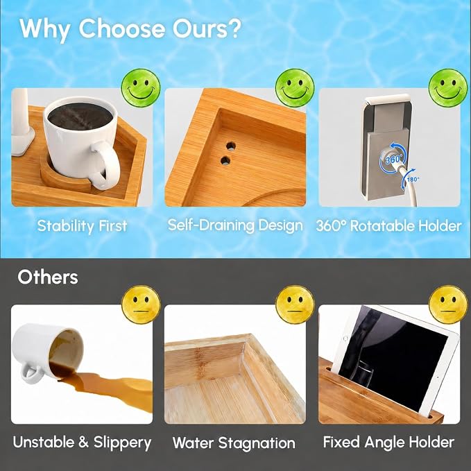 Vespara Bamboo Hot Tub Tray Table with Adjustable Phone Holder, Non Slip Hot Tub Table Spa Gifts for Women, Bathtub Canddy Tray with Wine Glass Holder Tray for Luxury Bathtub& Bathroom Accessories