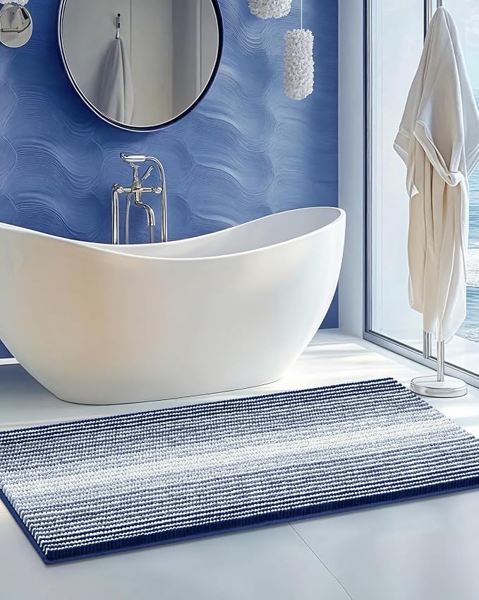 BSICPRO Chenille Bathroom Rugs, 21 x 60 Inches Non Slip Absorbent Bath Mat, Soft Shaggy Shower Bath Floor Mats for Bathroom, Machine Washable(Navy)