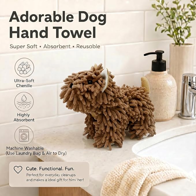 Cute Dog Chenille Hand Towel, 3D Puppy Hangable Fuzzy Ball Hand Towel Microfiber Super Soft Absorbent Bathroom & Kitchen Towels with Hanging Loop, Can Be Placed on the Sink Countertop (Dark Brown)