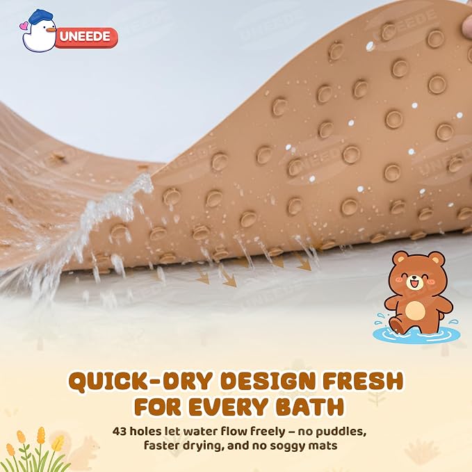 UNEEDE Non Slip Bathtub Mat for Kids, Cute Brown Bear Baby Bath Mat for Tub | Natural Rubber Toddler Bath Mat with 126 Suction Cups and 43 Drainage Holes, Soft Machine Washable Bathroom Essentials