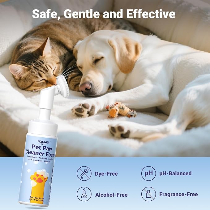 Pet Paw Cleaner, No-rinse Dog Paw Washer, Waterless Foam Foot Cleanser for Larger Dogs&Small Dogs&Cats, Built-in Scrubber Brush for Dirty and Muddy Paw, Safe Ingredient, pH-balanced, 5.07 fl.oz