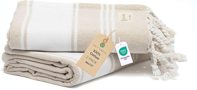 Salt Earth Cotton Turkish Beach Towel (Set of 2, 36"x72") - Soft, Quick Dry, Sand Resistant, Absorbent Towels for Bathroom, Home, Travel, Pool, Spa, Bath, Swim - Beach Towels Oversized (Beige)