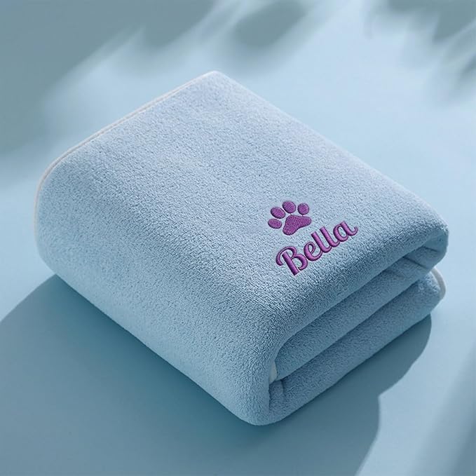 Custom Pet Bath Towel with Embroidered Name, Personalized Paw Print Pet Towel for Dogs and Cats,Soft Coral Fleece Dog Drying Towel (Blue)