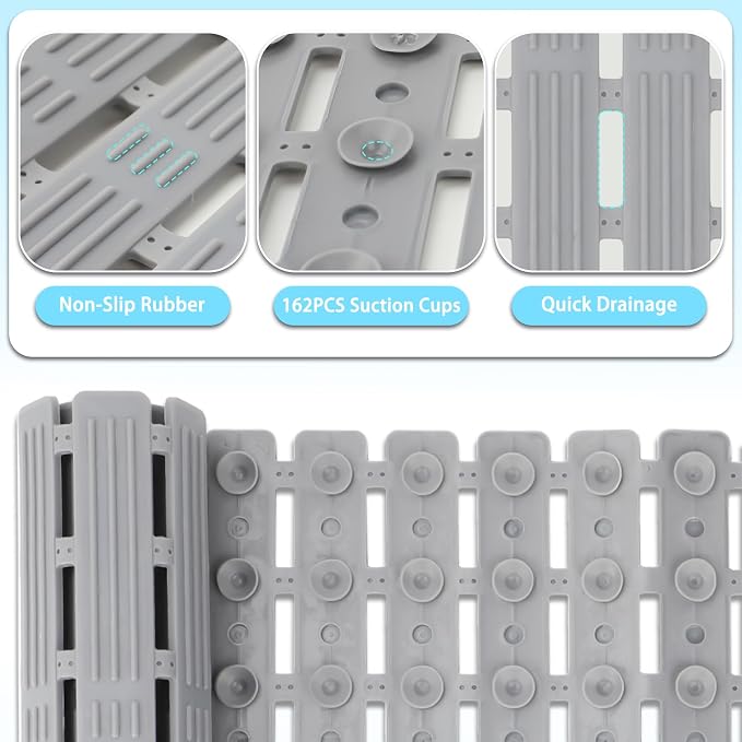 Non Slip Dog Bath Mat for Tub, Quick Drain Pet Bathtub Mat, 26.8 x 15.7 Inch Trimmable Non Slip Shower Pad with Drain Holes and 162 Suction Cups for Pet Bathing, Dog Shower Attachment (Grey S)