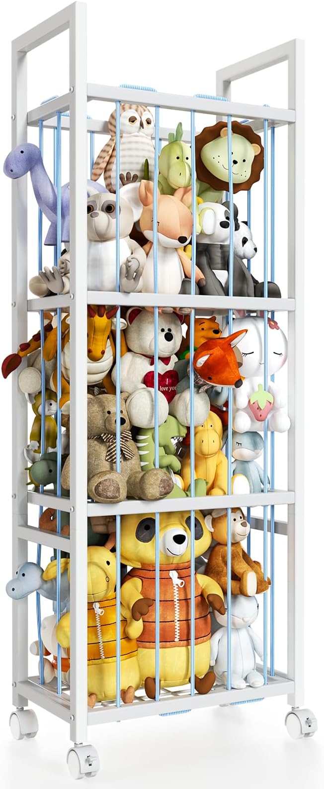 Stuffed Animal Storage, Metal Stuffed Animal Holder with Wheels & Elastic Cords, Space Save Toy Organizer, Large Capacity Stuffed Animal Zoo for Playroom, Bedroom, Nursery (54" Blue)