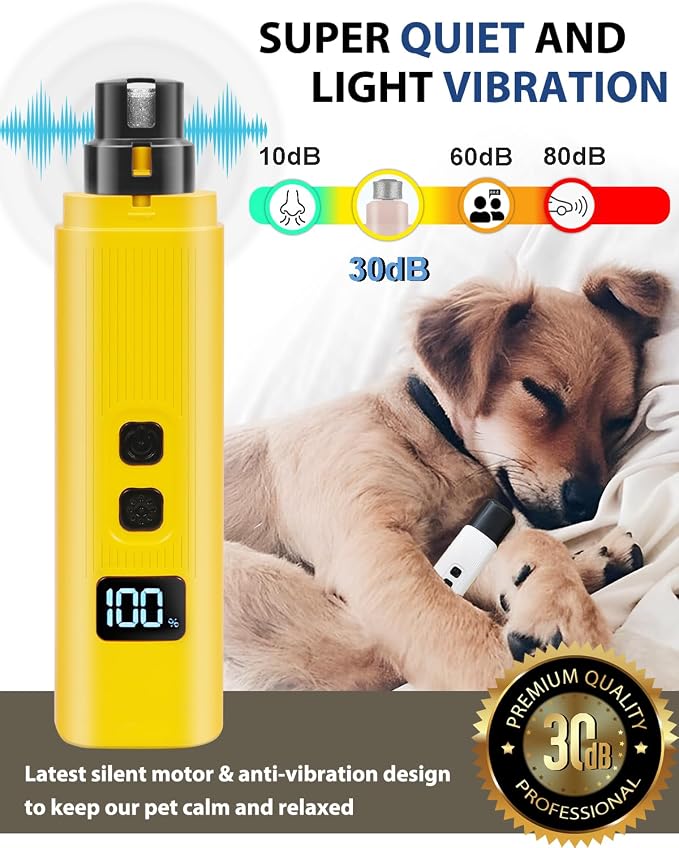 Electric Dog Nail Grinder with 2 Level LED Lights, 2 Speed Super Quiet and Low Vibration Electric Cat Nail Grinder - Rechargeable Pet Nail Grinder for Small Dogs Cats - Yellow