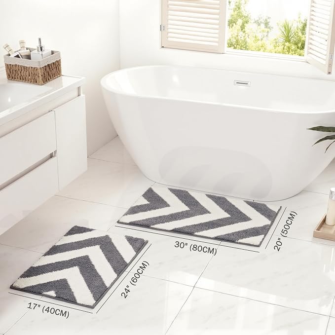 Exclusivo Mezcla Bathroom Rugs Mat 17x24, Extra Soft Non Slip Absorbent Microfiber Bath Rugs, Machine Washable Quick Dry Bath Mats for Bathroom Floor, Shower, Home Decor, Striped Grey