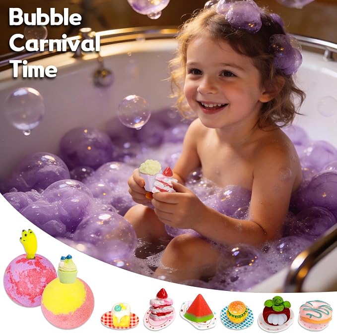 Bath Bombs for Kids with Toys Inside, 12-Pack Colorful Surprise Bath Fizzies Set with 12 Fruit & Food Toys + Mini Fridge + 6 Plates, Fragrant & Rich Bubbles, Organic Fizzy Bubble