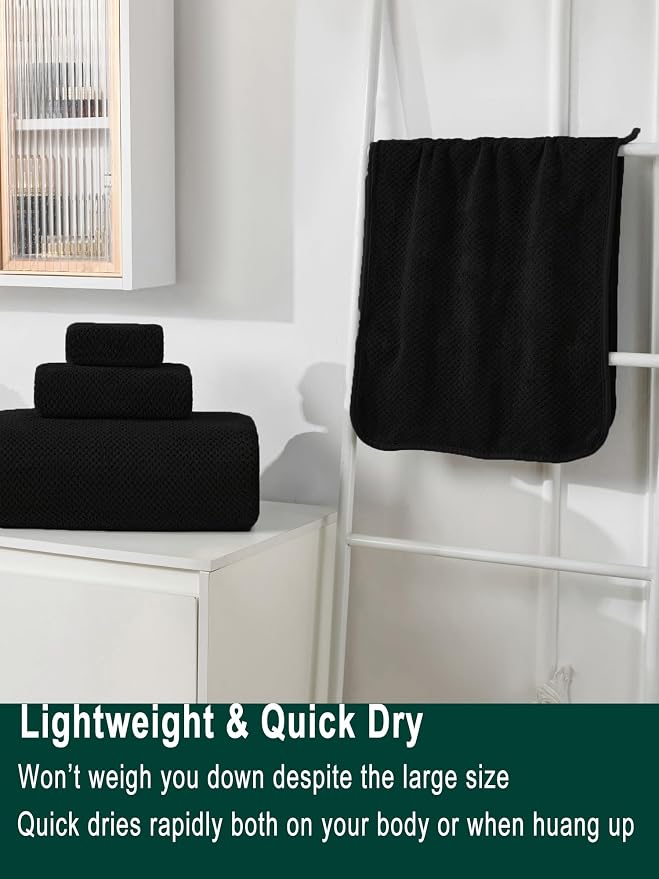 Extra Large Bath Sheet Set 3-Piece, 1 Bath Towel 40x80 Inches, 1 Hand Towel, 1 Washcloth, Soft Absorbent Quick Dry Microfiber Towel for Bathroom Beach Pool Gym Spa, Black