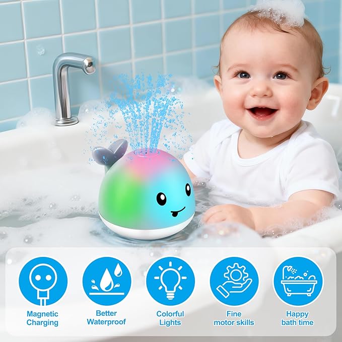 Original Magnetic Charging - Whale Bath Toy, Light Up Baby Bath Toys for Kids Ages 1-3, Baby Easter Basket Stuffers Bathtub Water Toy Sprinkler, 1 2 3 Year Boys Girls Gifts Bath Toy 6-12-18 Months