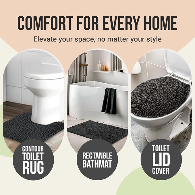 ITSOFT Standard 3pc Non-Slip Shaggy Chenille Bathroom Mat Set, Includes 24"x21" U-Shaped Contour Toilet Rug, 34"x21" Bathmat and 1 Toilet Lid Cover, Chocolate Brown