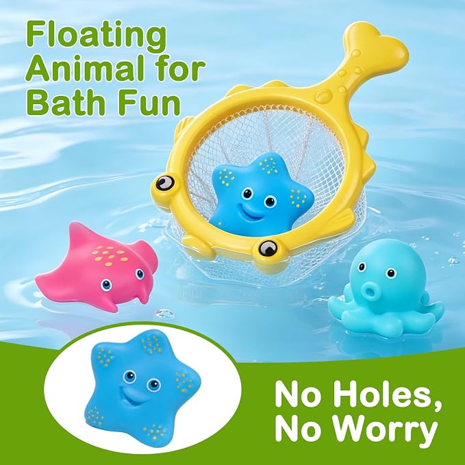 Baby Bath Toys for Kids Ages 1-3, Mold Free Toddler Bathtub Pool Water Table Toys for 1 2 3 Year Old Girls Boys, No Hole Floating Animals, Fishing Net Watering Can Tub Toys for Babies 12+ Months