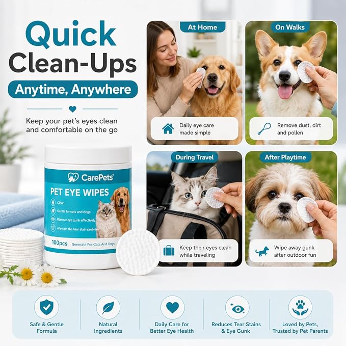 Eye Wipes, 100 Count Pet Tear Stain Cleaning Pads for Dogs and Cats, Gentle Textured Eye Area Wipes with Aloe Vera and Chamomile, Fragrance Free (3) | Gentle Textured Eye Wipes