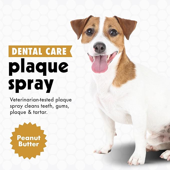 Petkin Plaque Spray, Peanut Butter, 4 Fl Oz - Cleans Teeth & Gums, Removes Plaque & Tartar, Freshens Breath & Whitens Teeth with Baking Soda - Ideal Cat & Dog Dental Spray with No Brushing or Rinsing